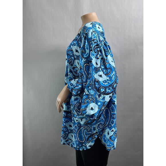 Talbots Plus Top Women 2X Blue Floral Print Popover Blouse Puff Sleeve Viscose - Picture 3 of 10